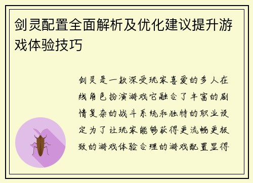 剑灵配置全面解析及优化建议提升游戏体验技巧